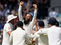 Moeen Ali celebrates completing a hat-trick against England at The Oval.